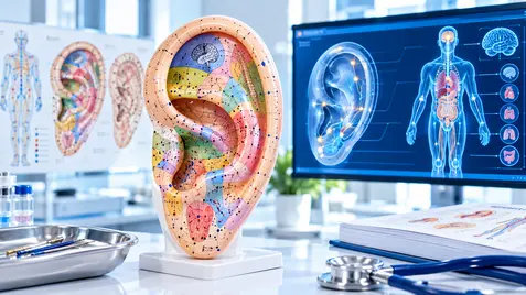 Mappa auricolare utilizzata in auricoloterapia durante una valutazione clinica specialistica.