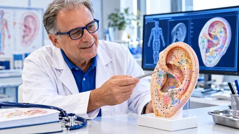 Auricoloterapia integrata con valutazione personalizzata e tecnologia avanzata per la stimolazione auricolare.