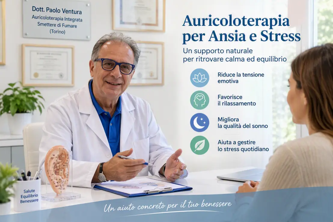 Il Dott. Paolo Ventura durante una consulenza di Auricoloterapia a Moncalieri To per il trattamento di ansia e stress.