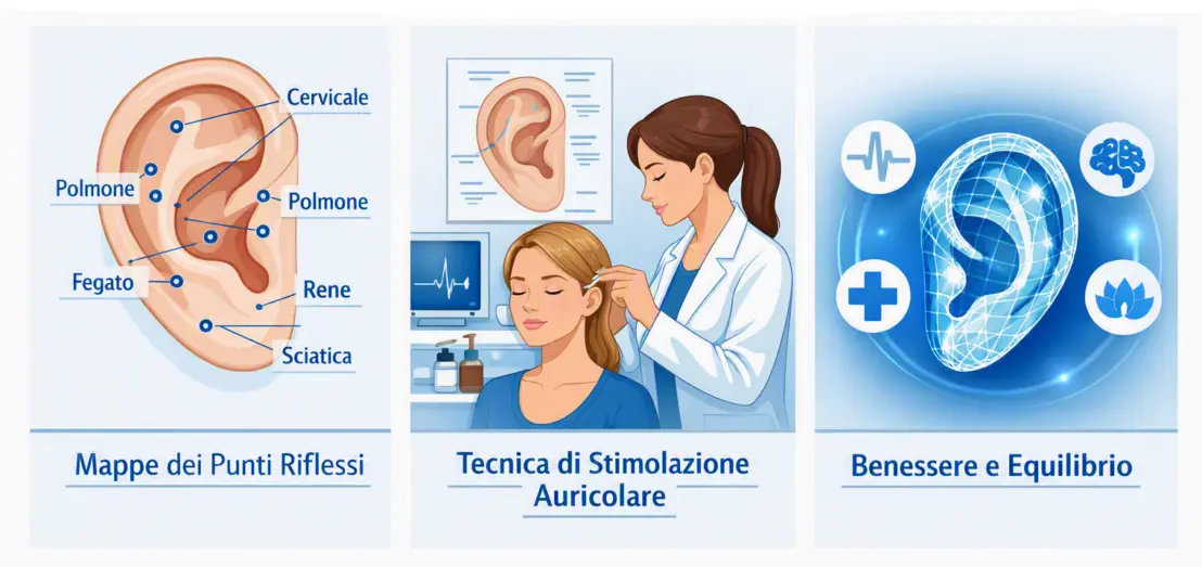 Illustrazione dei punti riflessi dell’orecchio e delle tecniche di stimolazione auricolare secondo il Metodo Ventura, per il benessere e l’equilibrio psicofisico.
