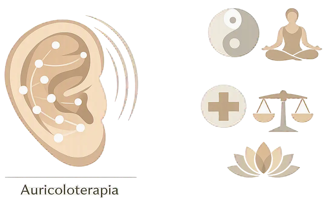 Disegno stilizzato dell’orecchio con punti riflessi e icone di equilibrio, salute e meditazione per rappresentare l’auricoloterapia del Metodo Ventura.