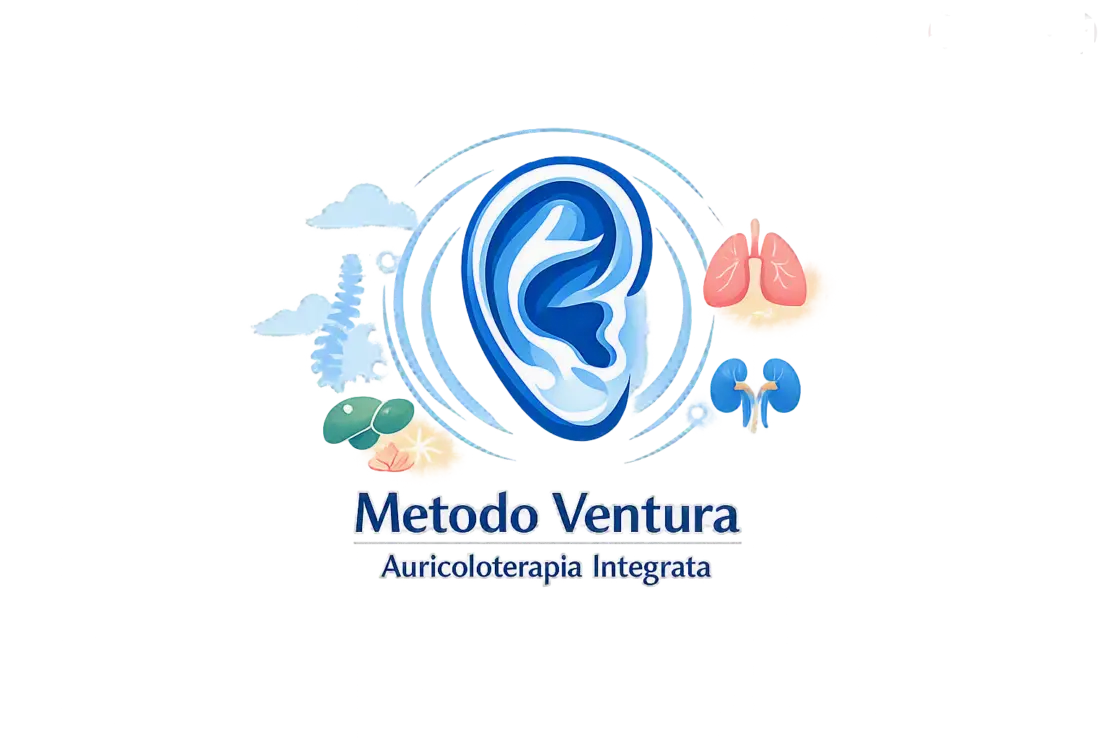 Logo Metodo Ventura con orecchio stilizzato e simboli anatomici per l’auricoloterapia integrata e la riflessologia auricolare.
