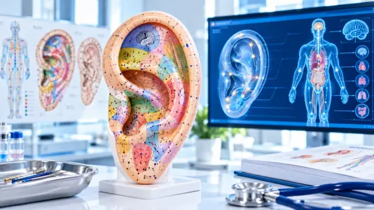Mappa auricolare utilizzata in auricoloterapia durante una valutazione clinica specialistica.