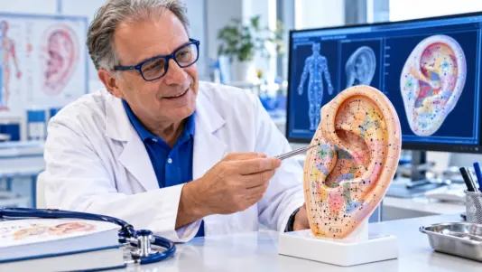 Auricoloterapia integrata con valutazione personalizzata e tecnologia avanzata per la stimolazione auricolare.